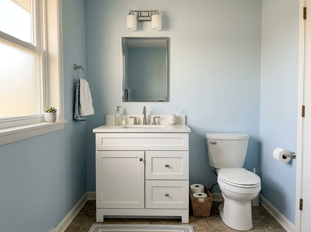A small bathroom with a new vanity, mirror, and light
