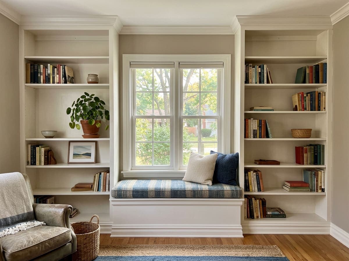 New built-in bookshelves around a window seat