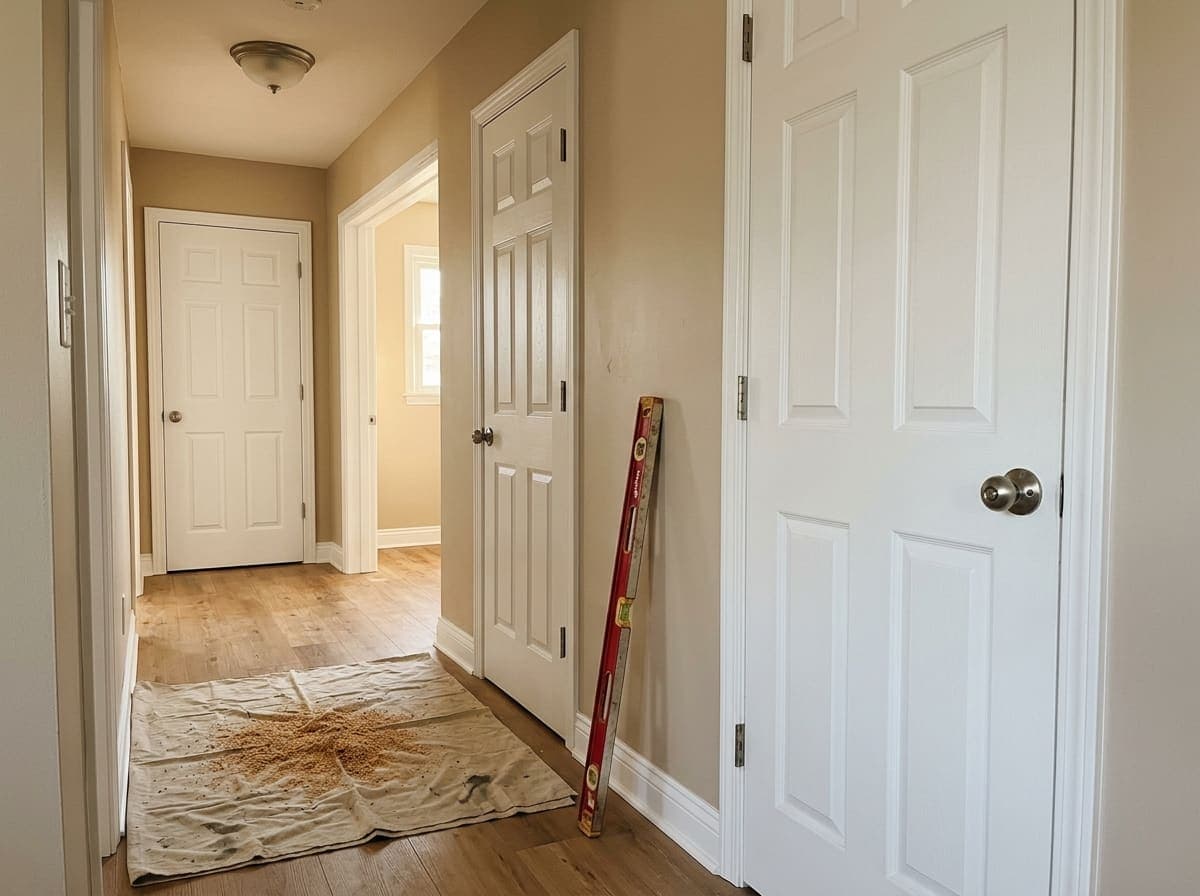 A hallway with new interior doors and fresh white trim